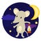 Vector illustration with a cute cartoon mouse with an oil lamp in the night starry cloudy sky and the moon