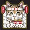 Vector illustration cute cat eat japan noodle ramen flat cartoon style. Japanese Kanji means Japan