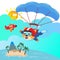 Vector illustration of a cute cat flying with a parachute. with cartoon style. Creative vector childish background for fabric