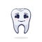 Vector illustration. Cute cured human tooth with happy eyes and dental filling. Dental restoration from caries.