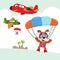 Vector illustration of a cute dog flying with a parachute. with cartoon style. Creative vector childish background for fabric