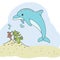 Vector illustration, cute dolphin cartoon swim.