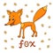 Vector illustration of cute fox, traces of animals around and word fox