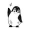 Vector illustration with a cute friendly penguin, inscription Hi, black and white illustration in hand-drawn style.