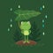 Vector illustration of a cute frog standing and holding a leaf on a rainy day