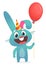 Vector illustration of a cute funny bunny holds air balloon. Birthday party illustration. Vector.