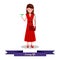 Vector illustration. Cute girl flat in red dress with handbag an