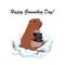 Vector illustration with cute groundhog holding black hat out of a hole