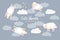 Vector illustration with cute hand drawn cartoon sheeps collection, clouds and stars isolated on grey background. Design for print