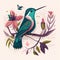 Vector illustration of a cute hummingbird sitting on a branch with flowers.