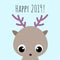 Vector illustration with cute kawaii reindeer and phrase: \'Happy 2019\'