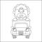 Vector illustration of cute  lion on a road trip, Creative vector Childish design for kids activity colouring book or page