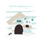 Vector illustration with cute little dog sitting next the dog house