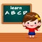 Vector Illustration Cute Little Girl Teaching Alphabet Standing In Front Of Chalk Board With A Pointer