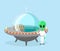 Vector illustration of cute and nice alien character with spaceship on light blue color background.