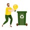 Vector illustration. Cute people sorting rubbish in trash bin. People sorting each type of garbage into the trash