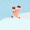 Vector illustration of a cute pink cartoon piglet in a Santa Claus hat carries presents.