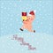 Vector illustration of a cute pink cartoon piglet in a Santa Claus hat carries presents. Isolated snowy background. Flat style.