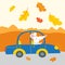 Vector illustration of cute rat traveling by car for autumn weekend