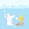 Vector illustration of cute rat on winter vacation in snowy hike camping