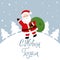 Vector illustration of cute Santa Claus isolated on blue background. Santa Claus carries a bag of gifts. The inscription is in