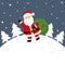 Vector illustration of cute Santa Claus isolated on blue background. Santa Claus carries a bag of gifts. Merry Christmas and Happy