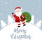 Vector illustration of cute Santa Claus isolated on blue background. Santa Claus carries a bag of gifts. Merry Christmas and Happy