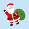 Vector illustration of cute Santa Claus isolated on blue background. Santa Claus carries a bag of gifts. Merry Christmas and happy