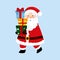 Vector illustration of cute Santa Claus isolated on blue background. Santa Claus holding in hands gift boxes. Merry Christmas and