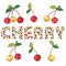 Vector illustration of cute smiling cherry cartoon characters and lettering made from cherries and leaves
