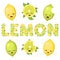 Vector illustration of cute smiling lemon cartoon characters and lettering made from lemons and leaves