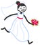 Vector illustration of cute stick figure happy bride in wedding dress running and holding bridal bouquet