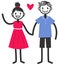 Vector illustration of cute stick figures holding hands and waving, loving couple, boy and girl with red heart