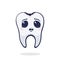 Vector illustration. Cute unhealthy human tooth with sad eyes and caries. Dental decay. Symbol of somatology and oral hygiene.