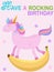 Vector illustration of cute Unicorn cartoon in pink rocking banana rocking chair with Have a rocking Birthday text