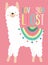 Vector illustration of a cute white llama or alpaca in clothes with national motives with an inscription Love you lost on a pink b