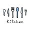 Vector illustration of cutlery in doodle style. Forks, knives and spoons. Lettering Kitchen.