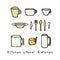 Vector illustration of cutlery and plates in doodle style. Plate, mugs, forks, knives and spoons. Lettering Kitchen