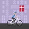 Vector illustration of cyclist girl on bike that rides through the city; biker and bicycling; sport and exercise. Flag of Denmark