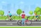 Vector illustration of cyclists in the park. Man cyclist using his phone. Cyclists walk in the Park on the modern city