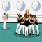 Vector illustration of dancing girls team with teacher. Relationships with girls. One against the crowd. Concept to be yourself