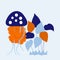 Vector illustration with dark blue jellyfish and light blue and orange leaves