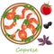 Vector illustration of delicious caprese salad with ripe tomatoes and mozzarella cheese with fresh basil leaves. Italian food