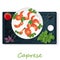 Vector illustration of delicious caprese salad with ripe tomatoes and mozzarella cheese with fresh basil leaves. Italian food