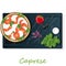 Vector illustration of delicious caprese salad with ripe tomatoes and mozzarella cheese with fresh basil leaves. Italian food