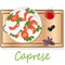 Vector illustration of delicious caprese salad with ripe tomatoes and mozzarella cheese with fresh basil leaves. Italian food