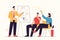 Vector illustration depicting a group of businesspeople listening to the trainer, coach, speaker at seminar. Editable