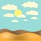 Vector illustration. Desert landscape with blue sky, sun and clouds