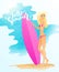 Vector illustration of detailed flat blonde girl standing with surfboard on a beach with lettering - hello summer