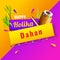 Vector illustration of dhol Drum, color gun and sugarcane on yellow and purple background.